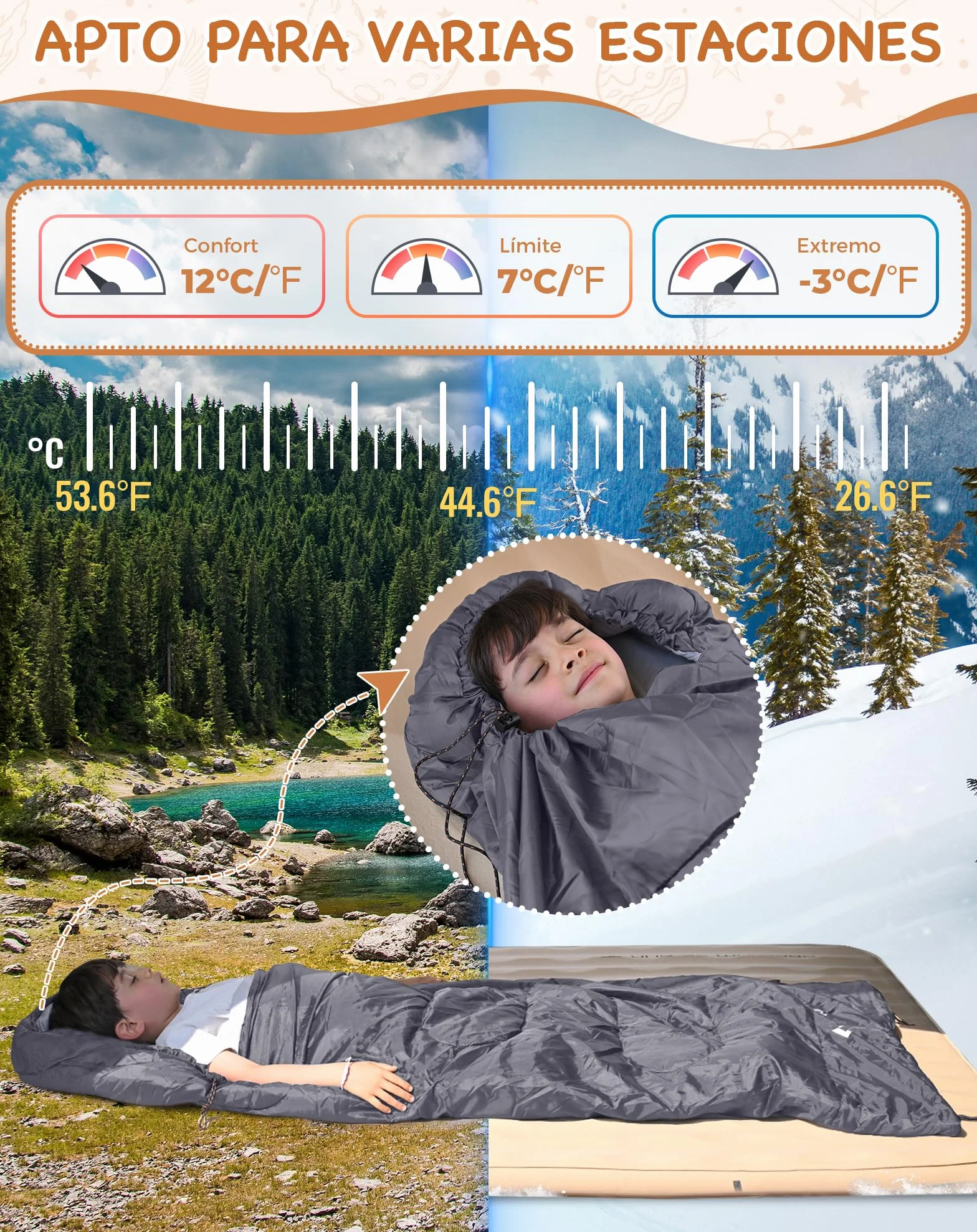 KingCamp Saco de Dormir Oasis 3-4 Estaciones Impermeable y Ligero para Camping (Niños y Adultos) - Conectable Izquierda/Derecha para Saco Doble, Ideal para Viajes y Actividades al Aire Libre