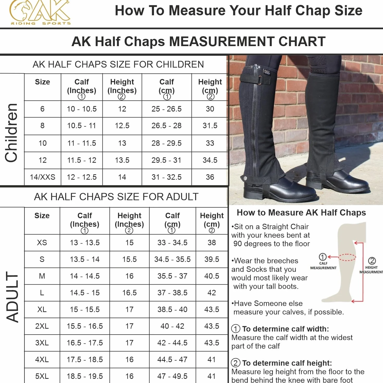 AK Mini Caballo de cuero completo flor con cremallera lateral y panel extensible Horse Riding Half Chaps AKRS-1022