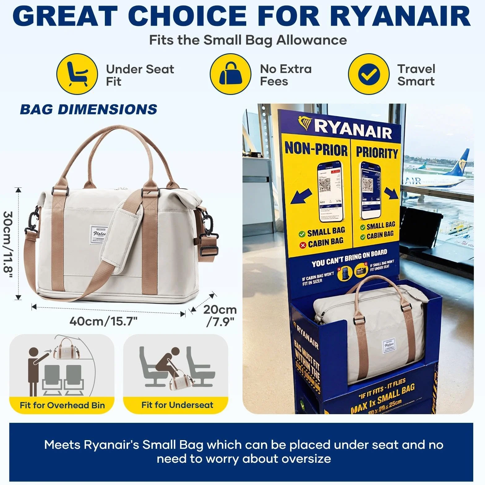 SEAFEW Bolsa de Viaje 40x20x25 Impermeable para Ryanair Equipaje de Mano Mujer Marrón Beige Claro