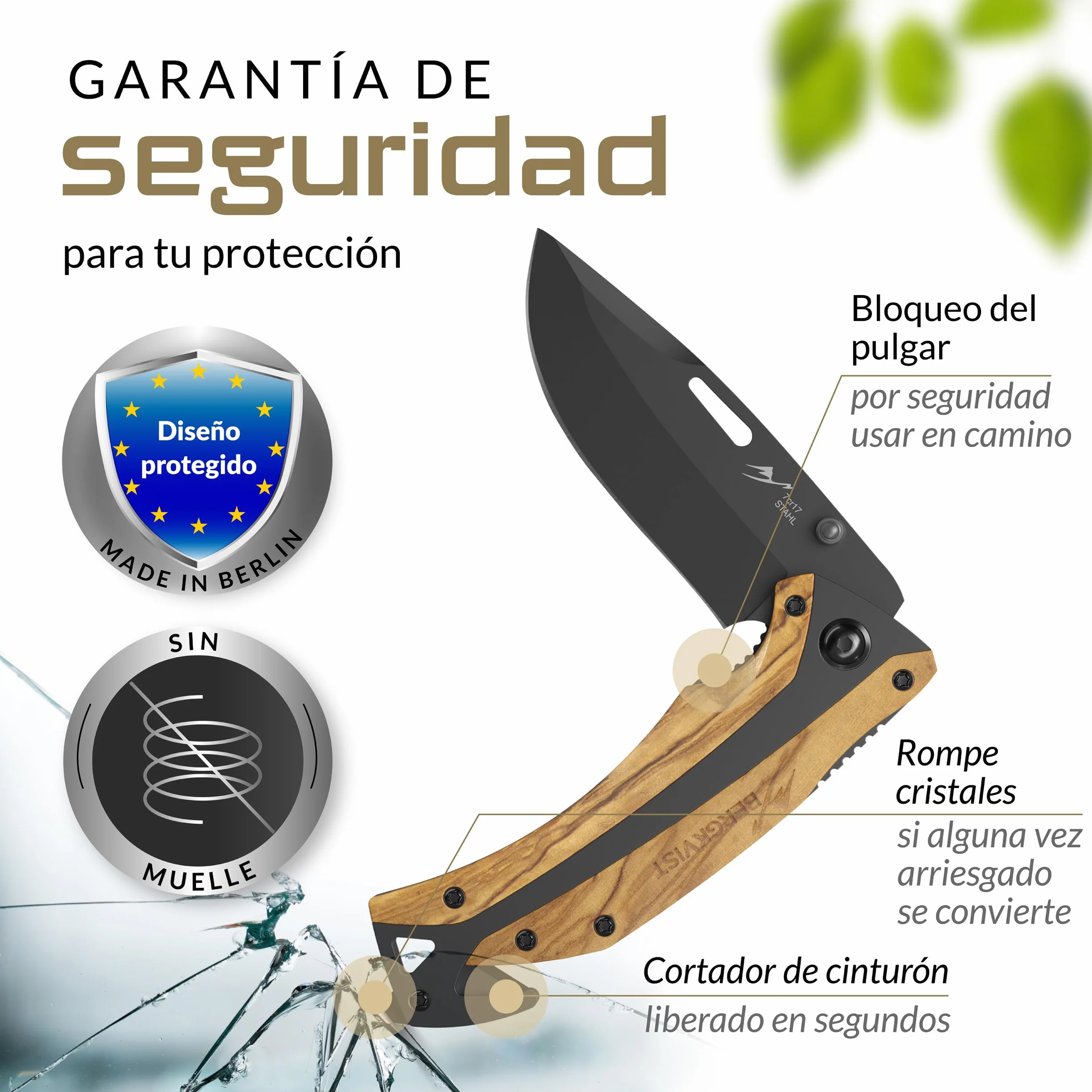 BERGKVIST® K29 Cuchillo plegable Titanium [navaja de bolsillo 3 en 1] | Navaja con rompecristales y cortacinturones, Bronze A' Design Award, mango de madera de olivo