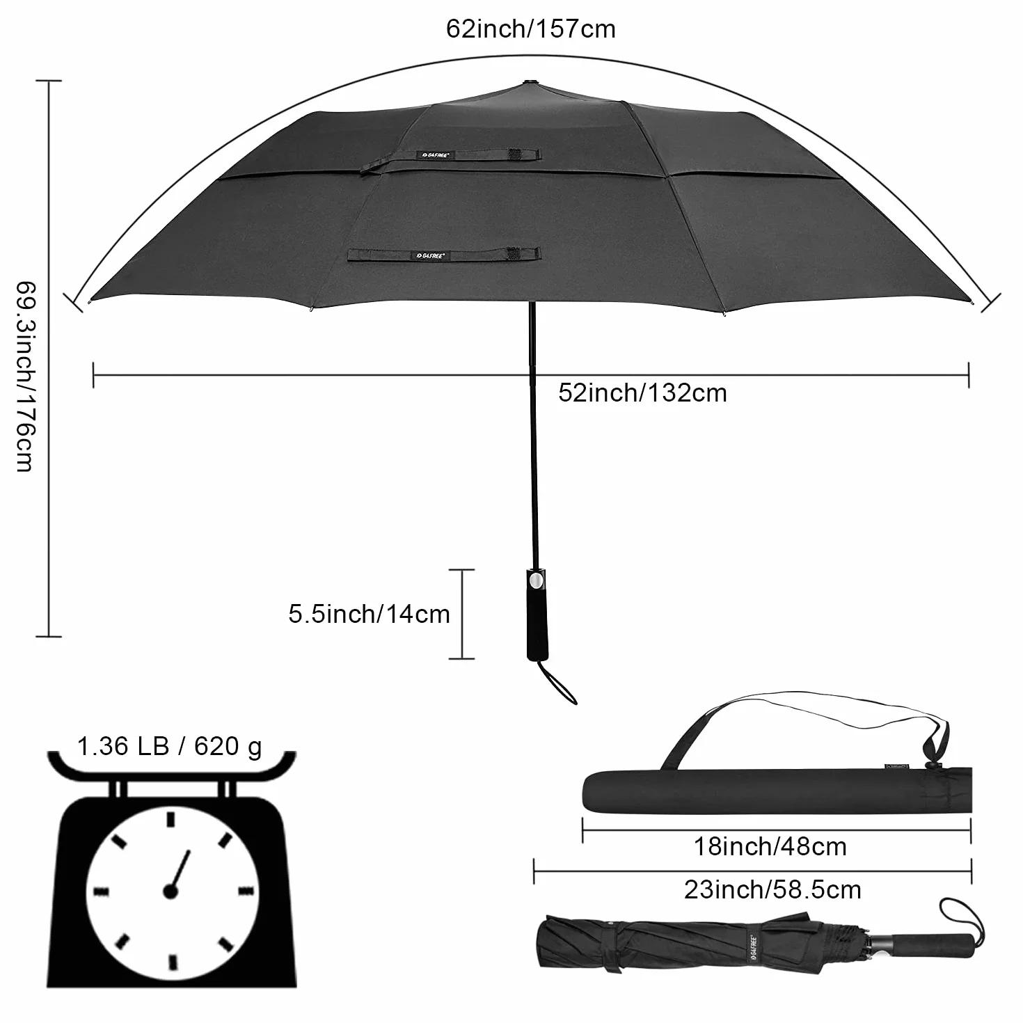 G4Free Paraguas de golf de 157,5 cm, portátil, apertura automática, gran tamaño, ventilado, doble dosel, resistente al viento, impermeable, para hombres y mujeres, color negro