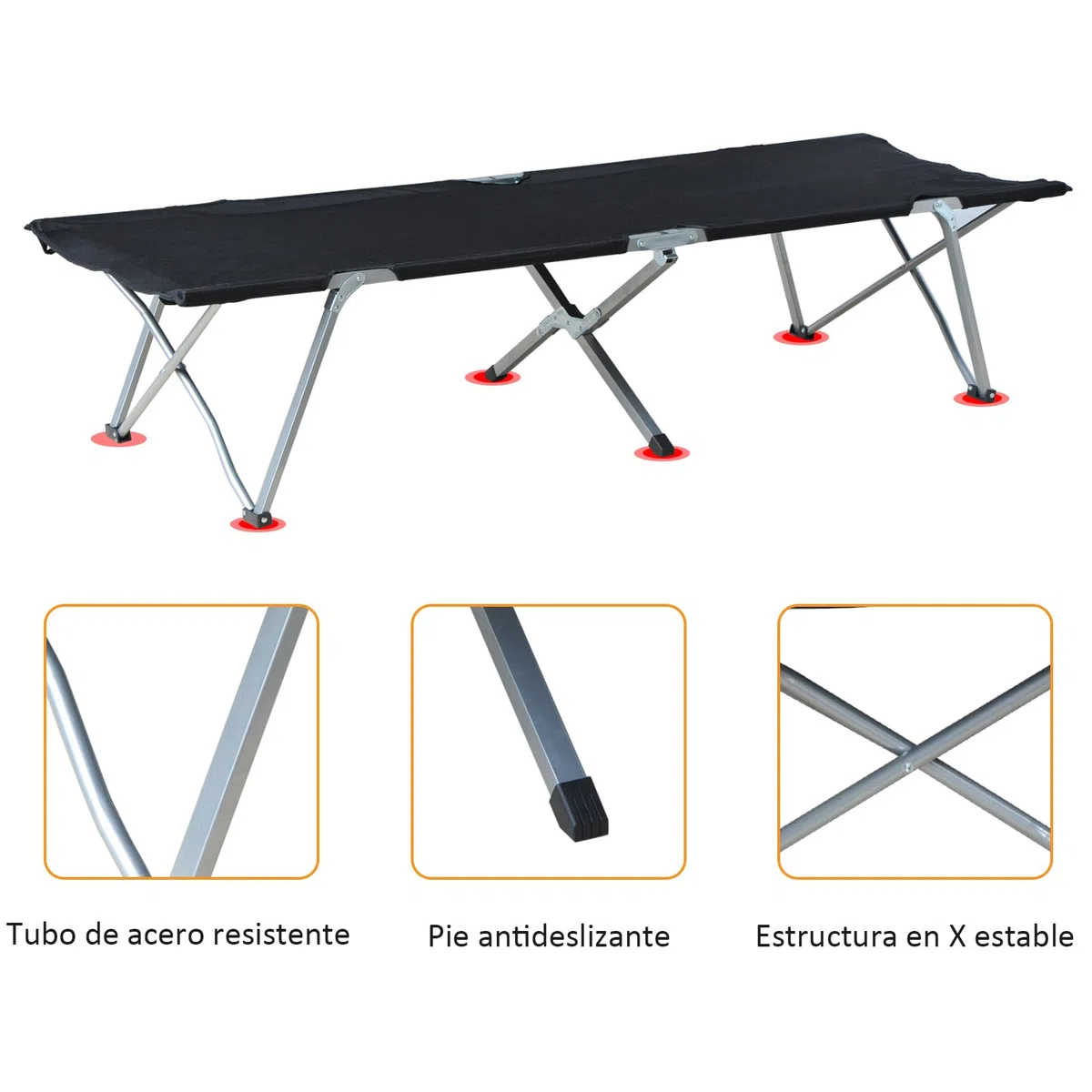 Outsunny Cama de Camping Plegable Cama de Acampada de Tela Oxford 600D con Marco Metálico Carga 136 kg para Playa Senderismo 193x64x40 cm Negro