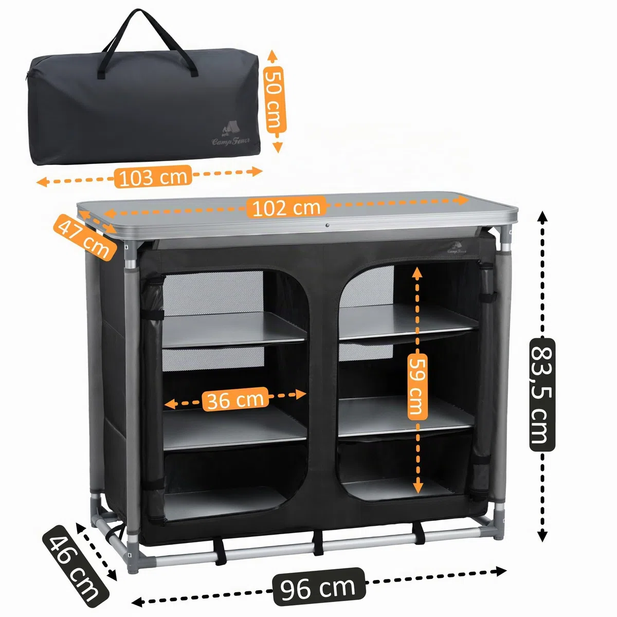 Armario para cocina de acampada con estructura de aluminio de CampFeuer, aprox. 102 cm (l) x 47 cm (an.) x 82 cm (a)