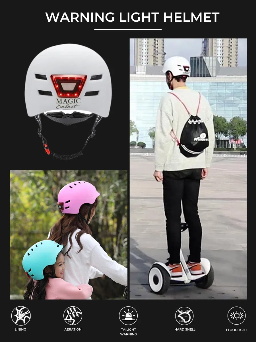 Casco de Ciclismo con Luz Advertencia Roja + Luz Frontal Blanca. Casco de MTB, Bicicleta, Patinete; Ligero con Forro Desmontable, Carcasa de PC + EPS, 14 Respiraderos y Cable USB Carga.