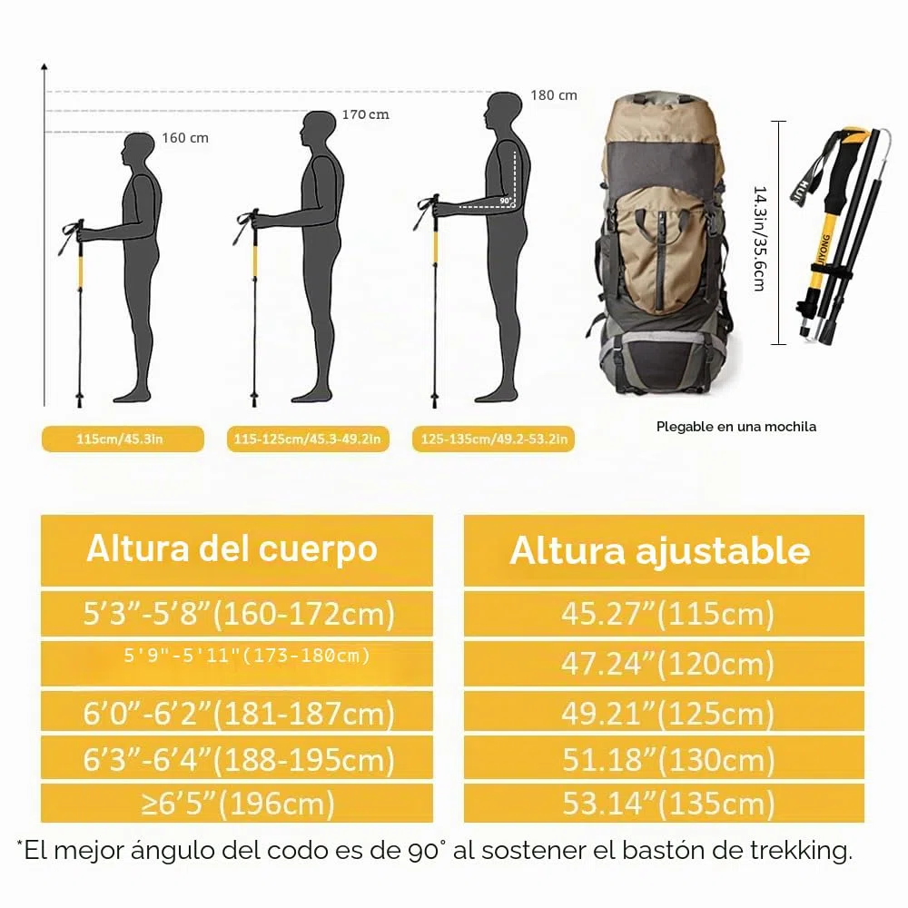 HUINING Bastones de senderismo plegables, 2 bastones de trekking de aluminio, para hombre y mujer, ligeros y plegables, ajustables, 115-135 cm, para deportes de montaña, senderismo y excursionismo