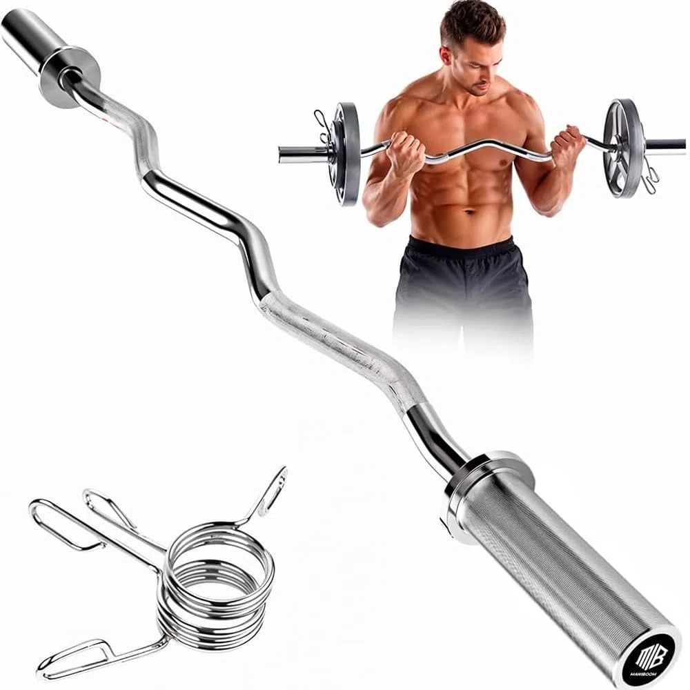 ManiBoom Barra Pesas Z Curly 120 cm de 8,5kg para Discos y Pesas de Ø50mm - Barra de MUSCULACION para Biceps y Triceps Halterofilia Crossfit - Barra Gimnasio con Cierres de Resorte (120 cm - Culry Z)
