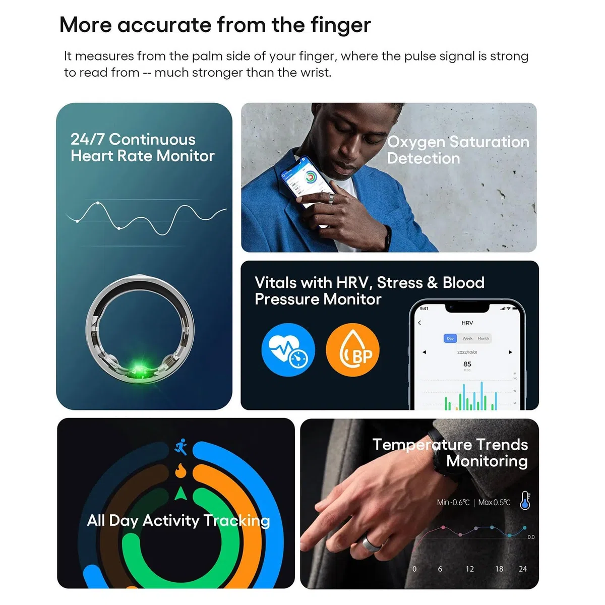 Anillo inteligente de monitoreo de salud con oxígeno en sangre, seguimiento del sueño, impermeable, para hombres y mujeres