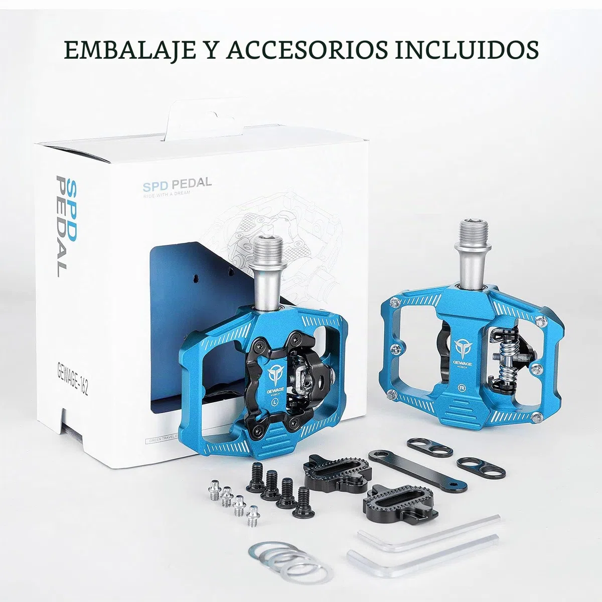 GEWAGE Pedales de Bicicleta SPD, Pedales de Bicicleta de montaña, Pedales de Dos Lados SPD, Plataforma Ancha Antideslizante con 3 rodamientos, Pedales Ligeros de Aluminio de 9/16 Pulgadas