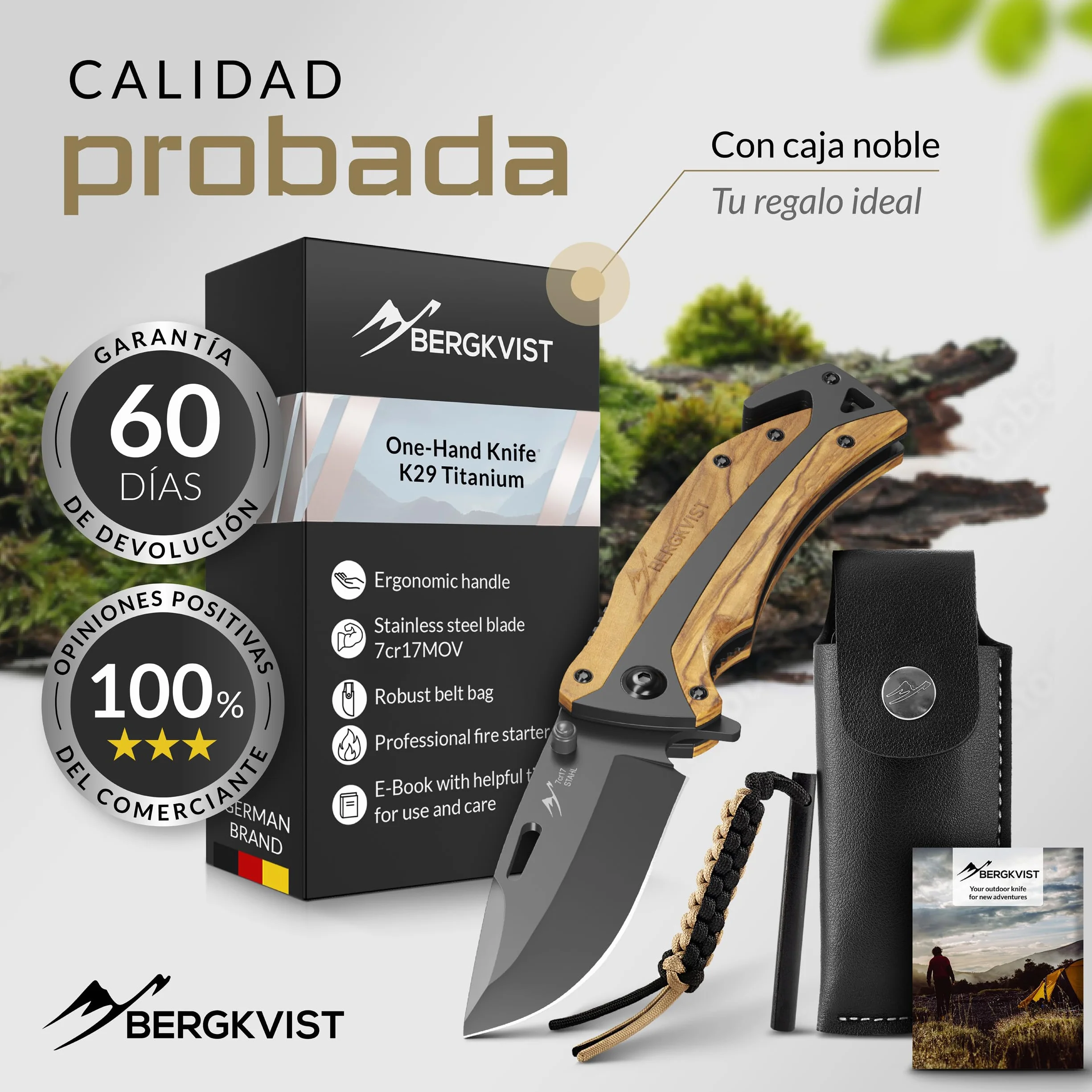 BERGKVIST® K29 Cuchillo plegable Titanium [navaja de bolsillo 3 en 1] | Navaja con rompecristales y cortacinturones, Bronze A' Design Award, mango de madera de olivo