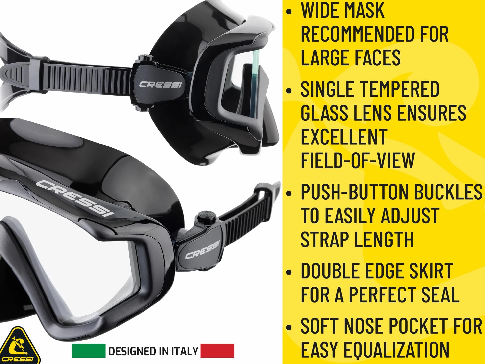 Cressi Liberty Triside Mask -Máscara Panoramic de 3 Cristales para Buceo, Apnea y Snorkel, Talla Única, Unisex Adulto