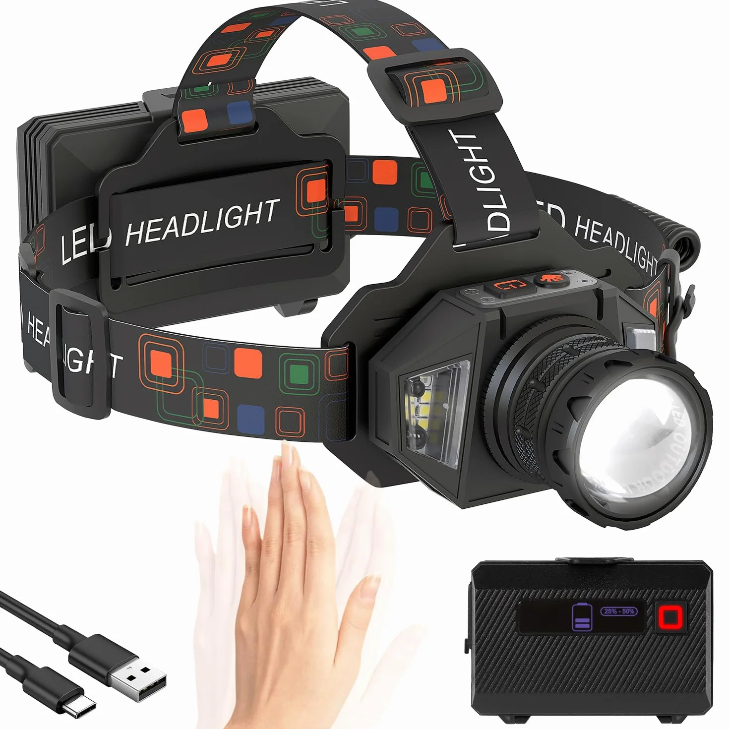 Linterna Frontal Súper Brillante IPX4 Impermeable 9 Modos Luz Ajustable 90° para Camping Ciclismo Pesca