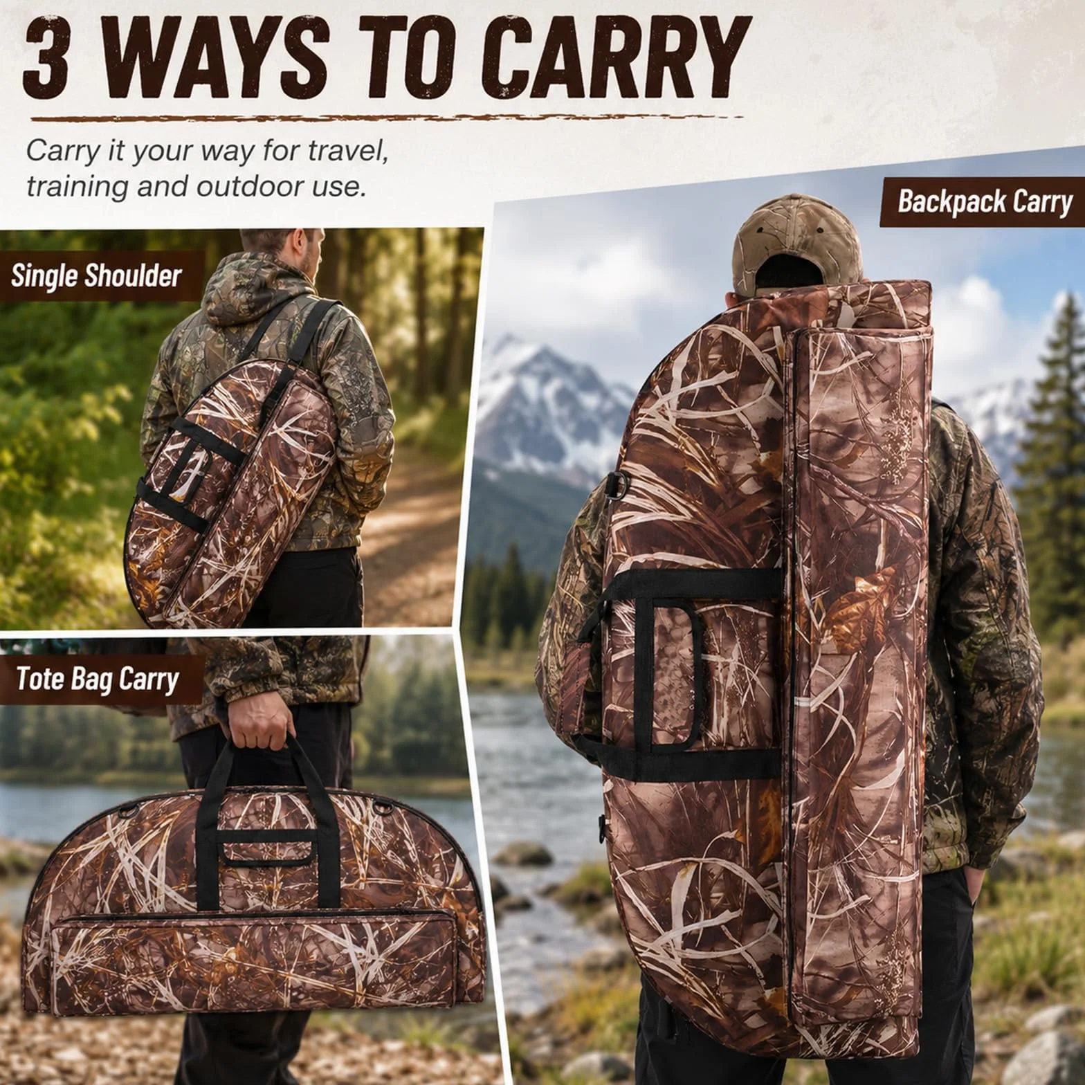 Mochila de arco compuesto con arco con múltiples bolsillos, bolsa de transporte portátil, gran capacidad, duradera, para almacenamiento de arco, estuche para caza al aire libre,