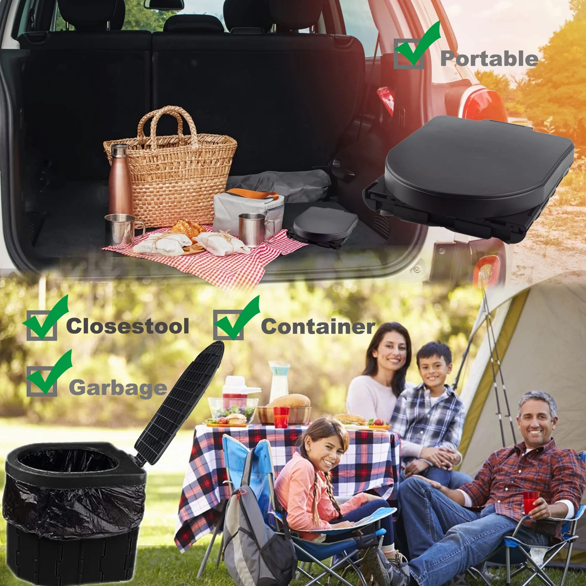 KINSPORY Inodoro Portátil Camping WC Negro con Tapa