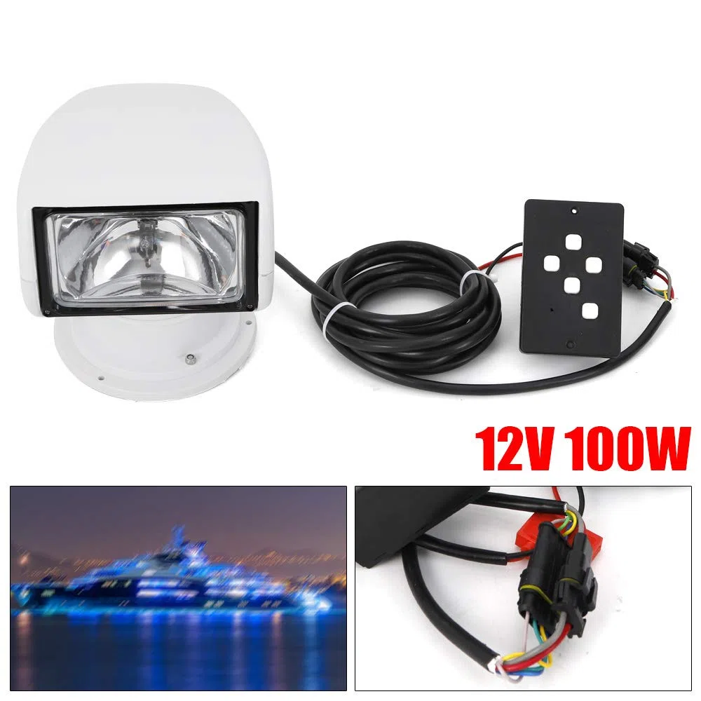 Faro de búsqueda marino para barco 12V 100W bombilla halógena para camiones, automóviles, control remoto - Faro de búsqueda portátil con rotación de 360 grados para yate, guardia costera, etc
