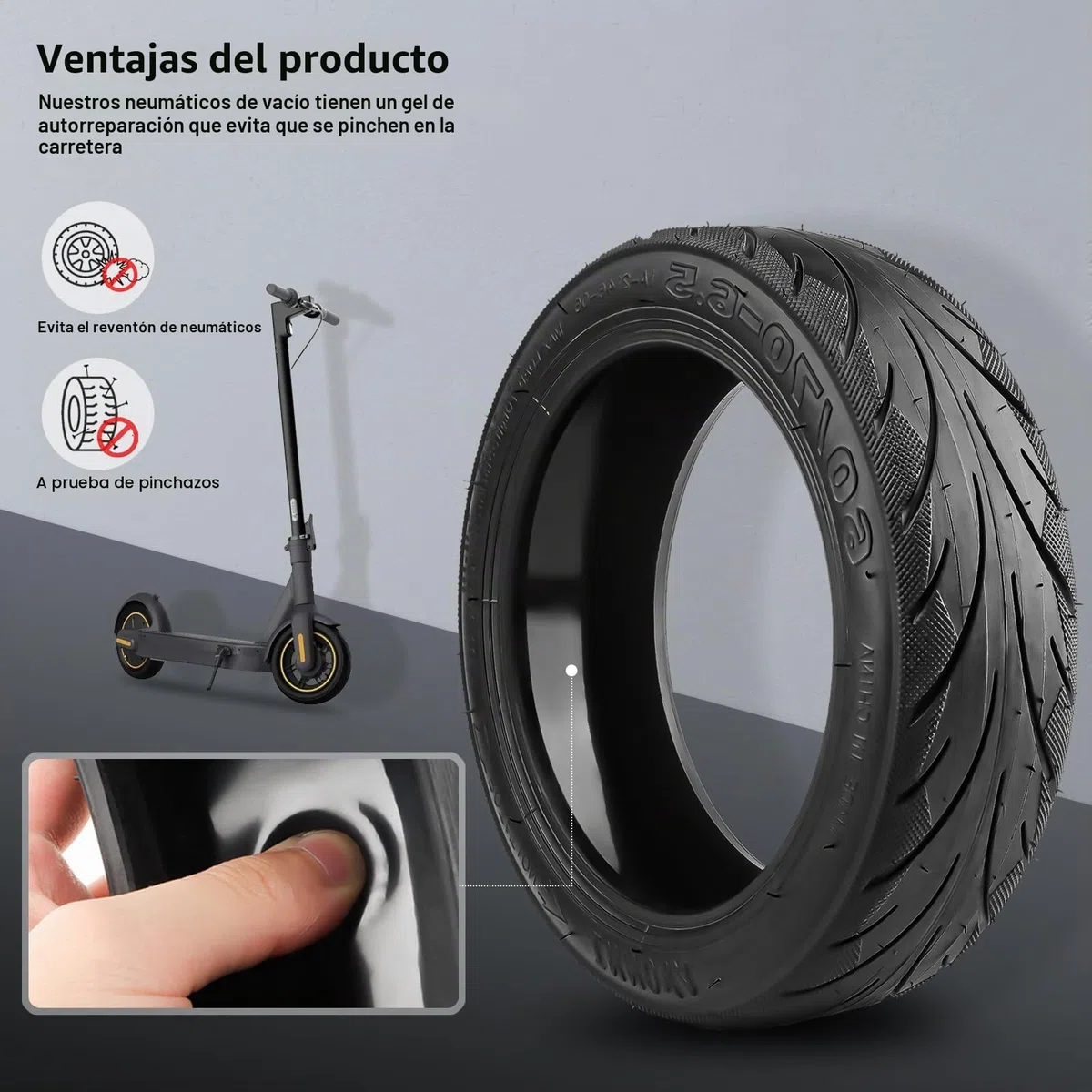 60/70-6.5 Ruedas de Caucho Autorreparables para Ninebot Max G30 Patinete Eléctrico, Neumático de Vacío con Válvula, 10 Pulgadas Tubeless Rueda con Resistente al Desgaste y Antiperforación