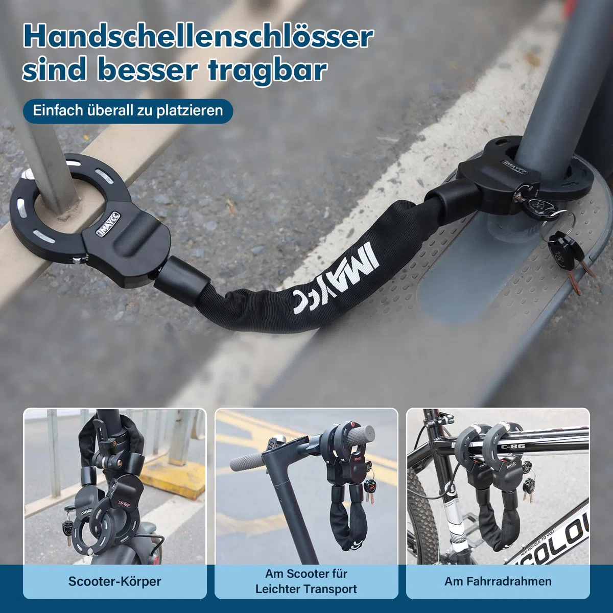 IMAYCC Cerradura para patinete electrónico, cerradura de esposas con llave, cerradura para scooter eléctrico con manga de bloqueo de goma, candado para bicicleta de alta seguridad, ideal para scooters