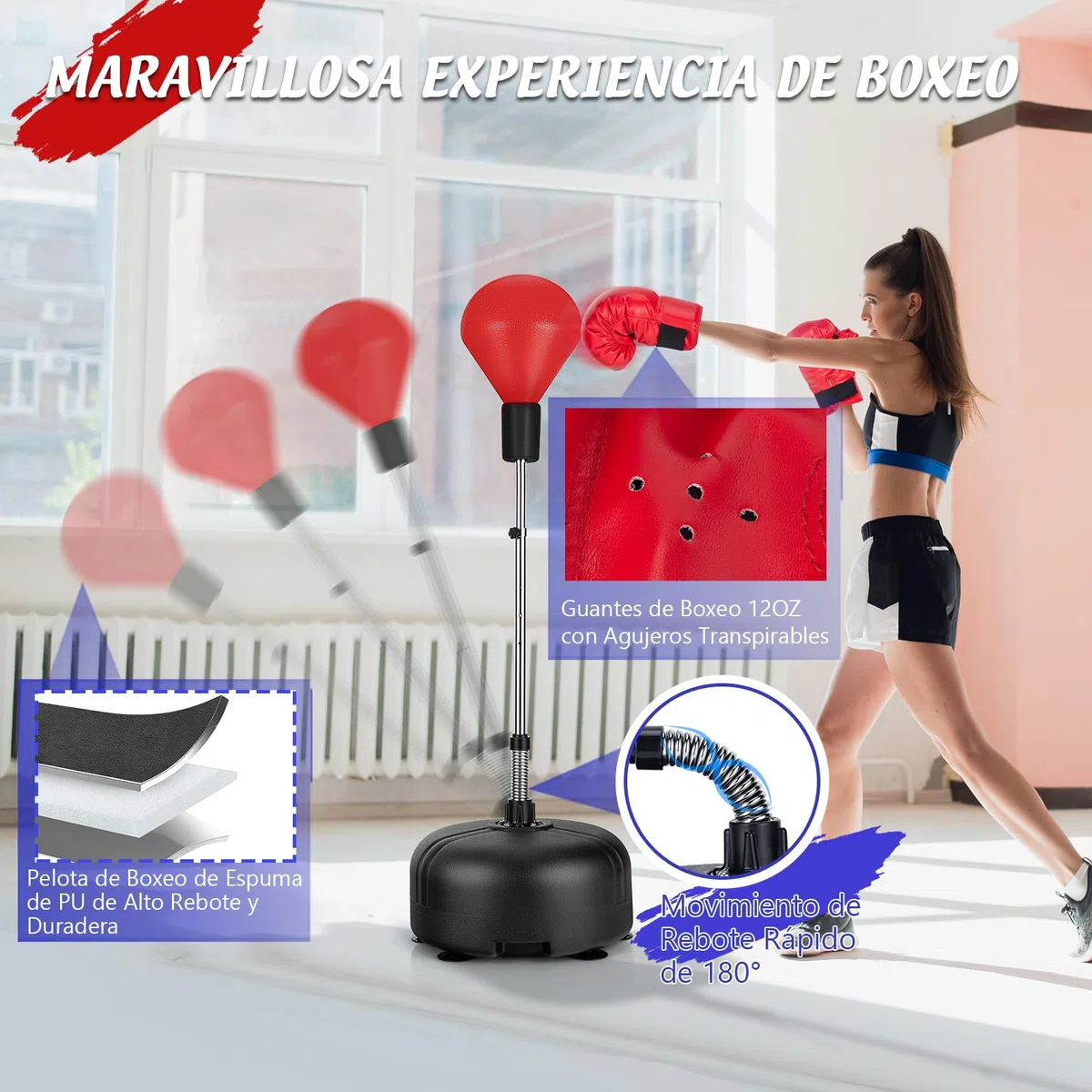 GYMAX Juego de Boxeo de Pie con Base Rellenable, 140 a 158 cm Altura Ajustable, con Guantes de Boxeo, para Adultos y Niños, para Boxeo, Kickboxing y Slivio del Estrés