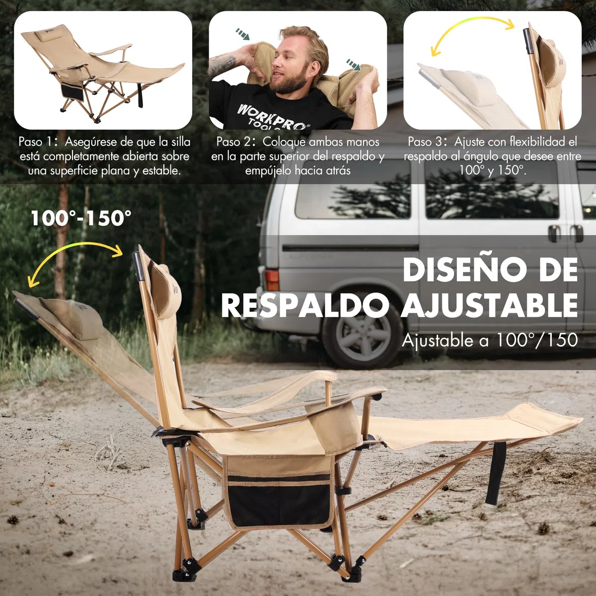 VILLEY Silla de Camping Plegable con Reposapiés, Reposacabezas y Bolsa de Almacenamiento, Silla Plegable para Camping, Playa, Jardín, Pesca, Soporta hasta 150 kg, Beige