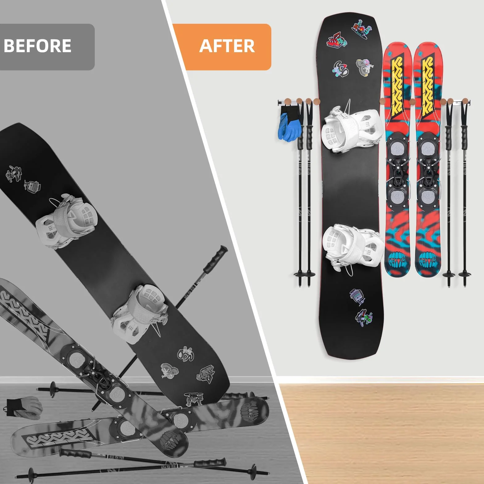 Fuloon Soporte de Pared para Esquís/Snowboard, Almacenamiento para Snowboard, Portaesquís de Pared para Casa y Garaje Perchero para Organizador 2 Estantes - 80cm, Hasta 30 kg