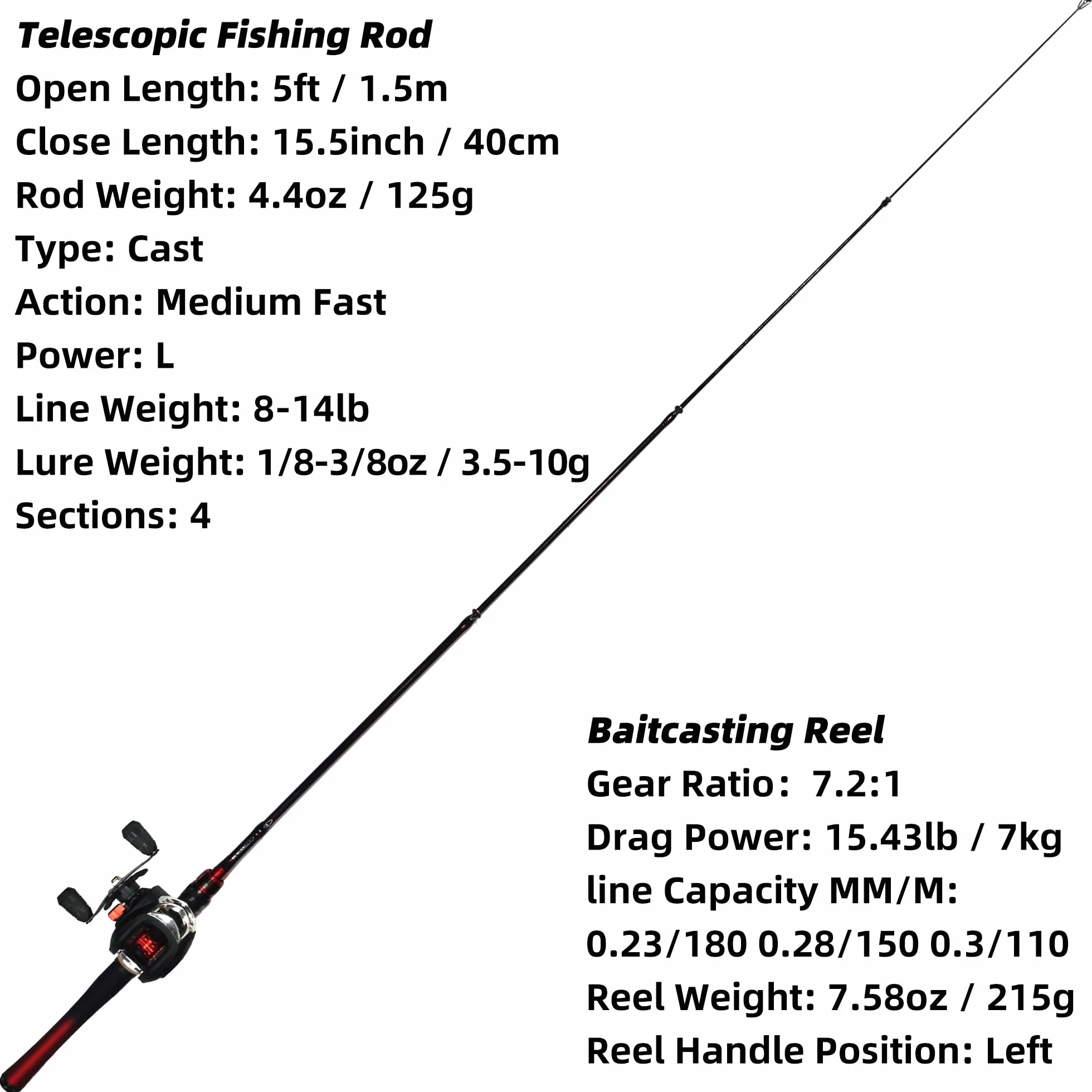 Kilitn Combo de caña de Pescar y Carrete, Combo de baitcasting Carrete de baitcast 1.5M Caña telescópica de Fibra de Vidrio Duradera con línea de Pesca Kits completos Mango cómodo