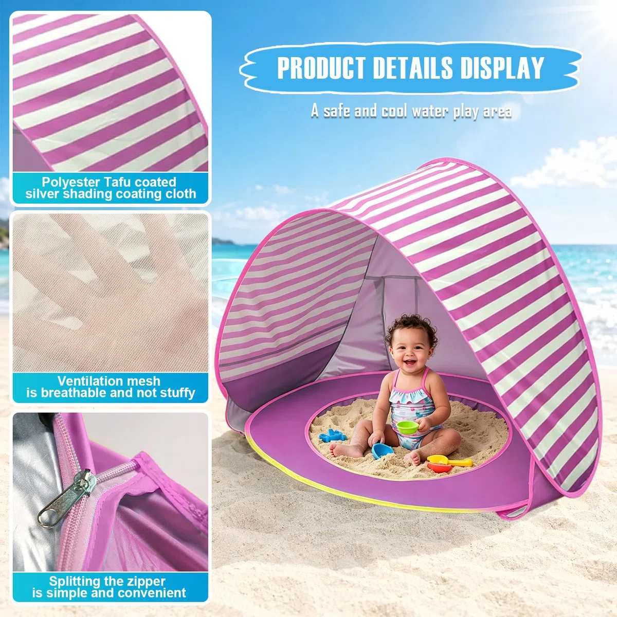 Refugio de playa para bebé con mini piscina, tienda de playa para bebé con protección UV, concha de playa portátil para niños, protección solar, tienda de playa para playa, jardín y viajes (rayas