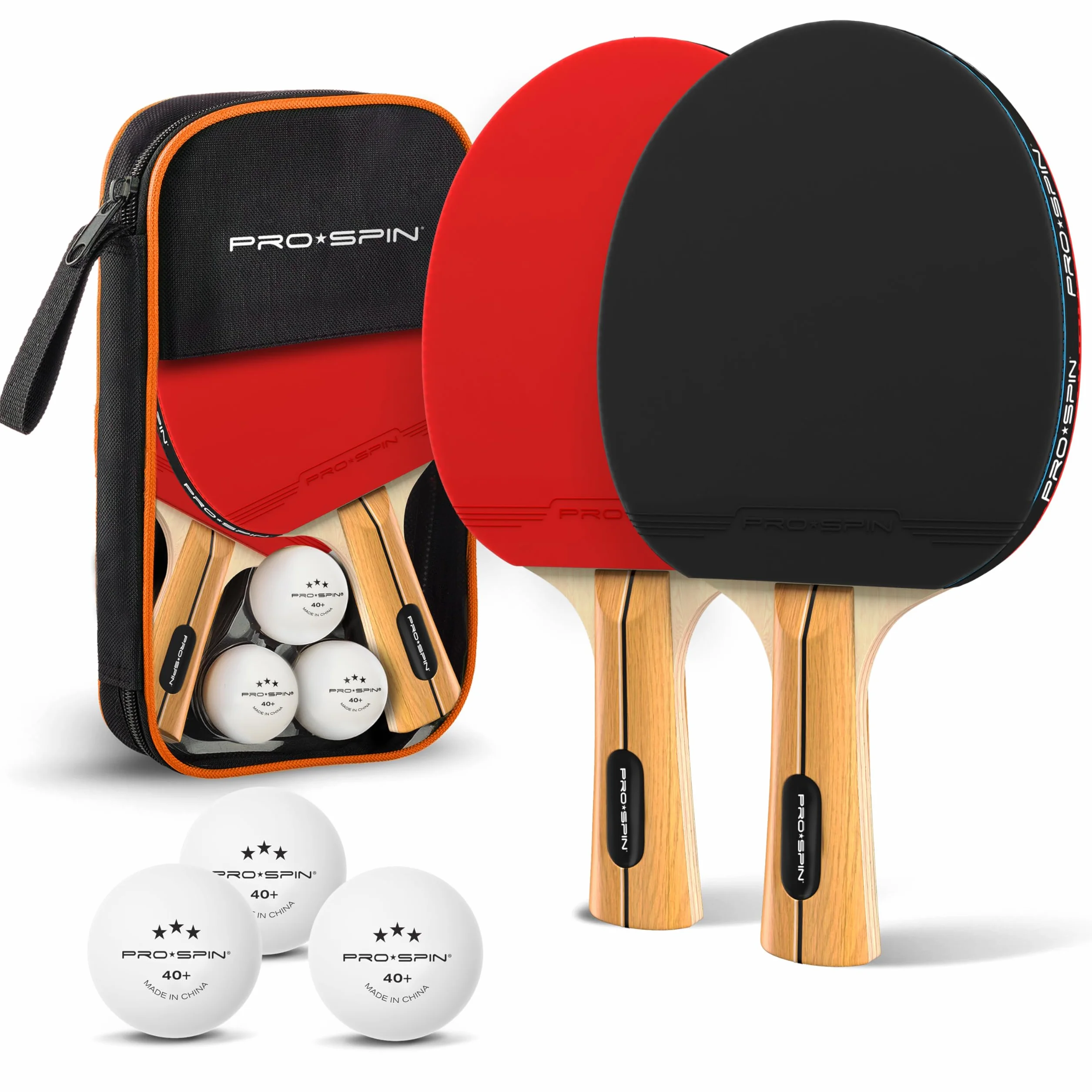 PRO-SPIN Palas de Ping Pong Set Raquetas Tennis Mesa Premium Pelotas 3 Estrellas Estuche Compacto