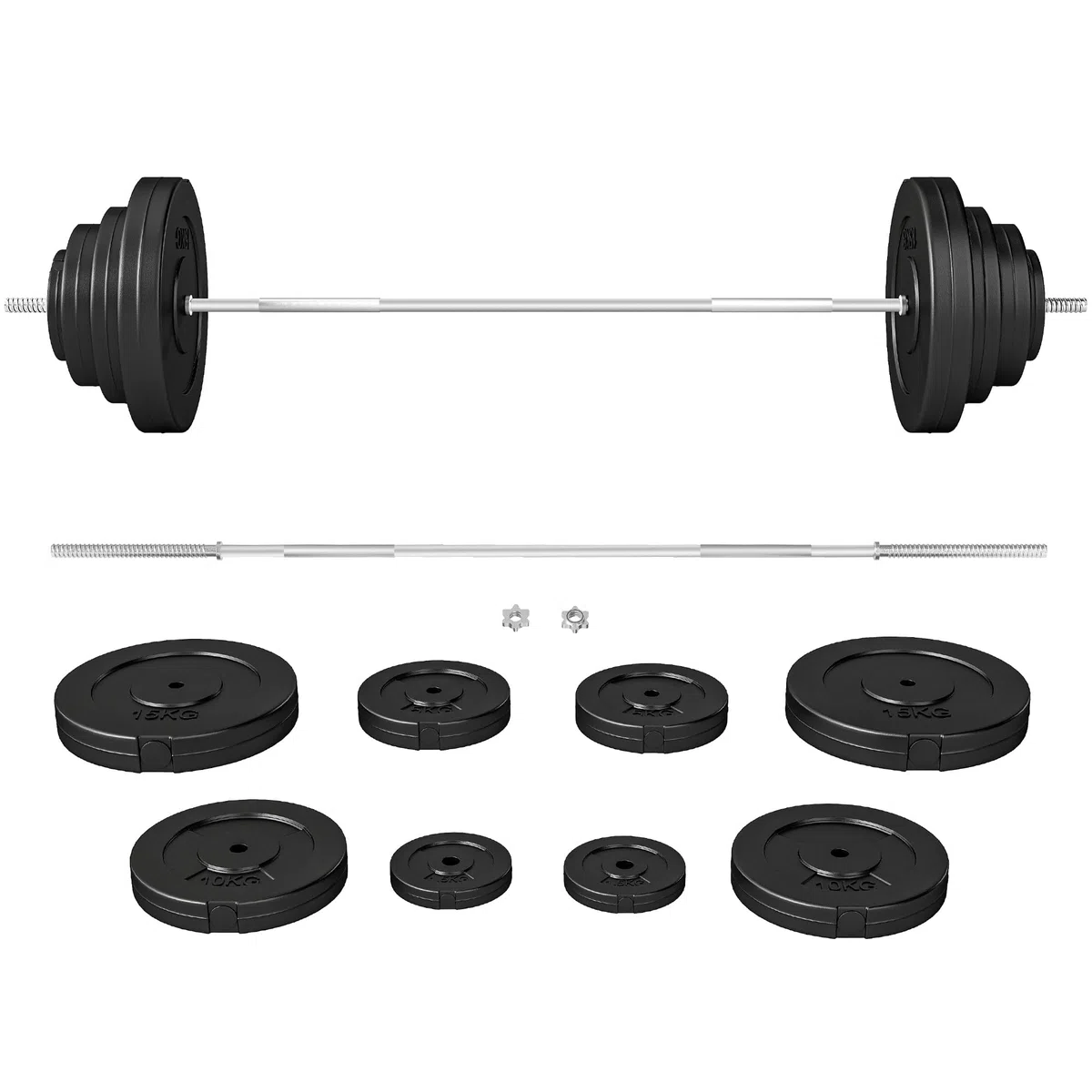 HOMCOM Barra de Pesas 70 kg con Mancuernas Set de Pesas Ajustables con 8 Discos 1,5kg 5kg 10kg 15kg y 1 Barra Juego de Mancuernas para Entrenamiento de Fuerza en Hogar Gimnasio 170x40,5x40,5 cm Negro