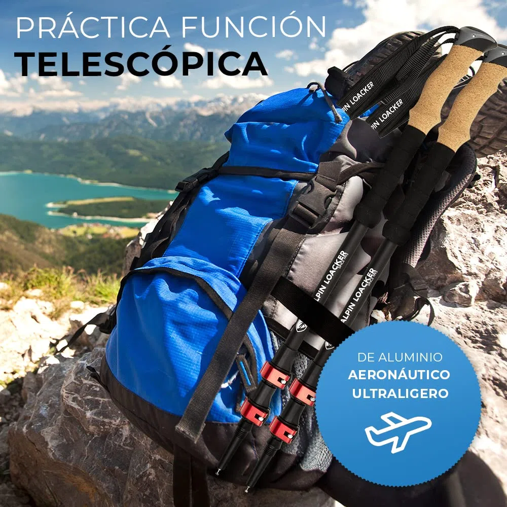 ALPIN LOACKER Bastones Trekking Telescopicos, Aluminio Ligero + Accesorios + Bolso | Palos Senderismo Extensible Altura Regulable: Poles Montaña, Nordic Walking, Trail Running Asfalto