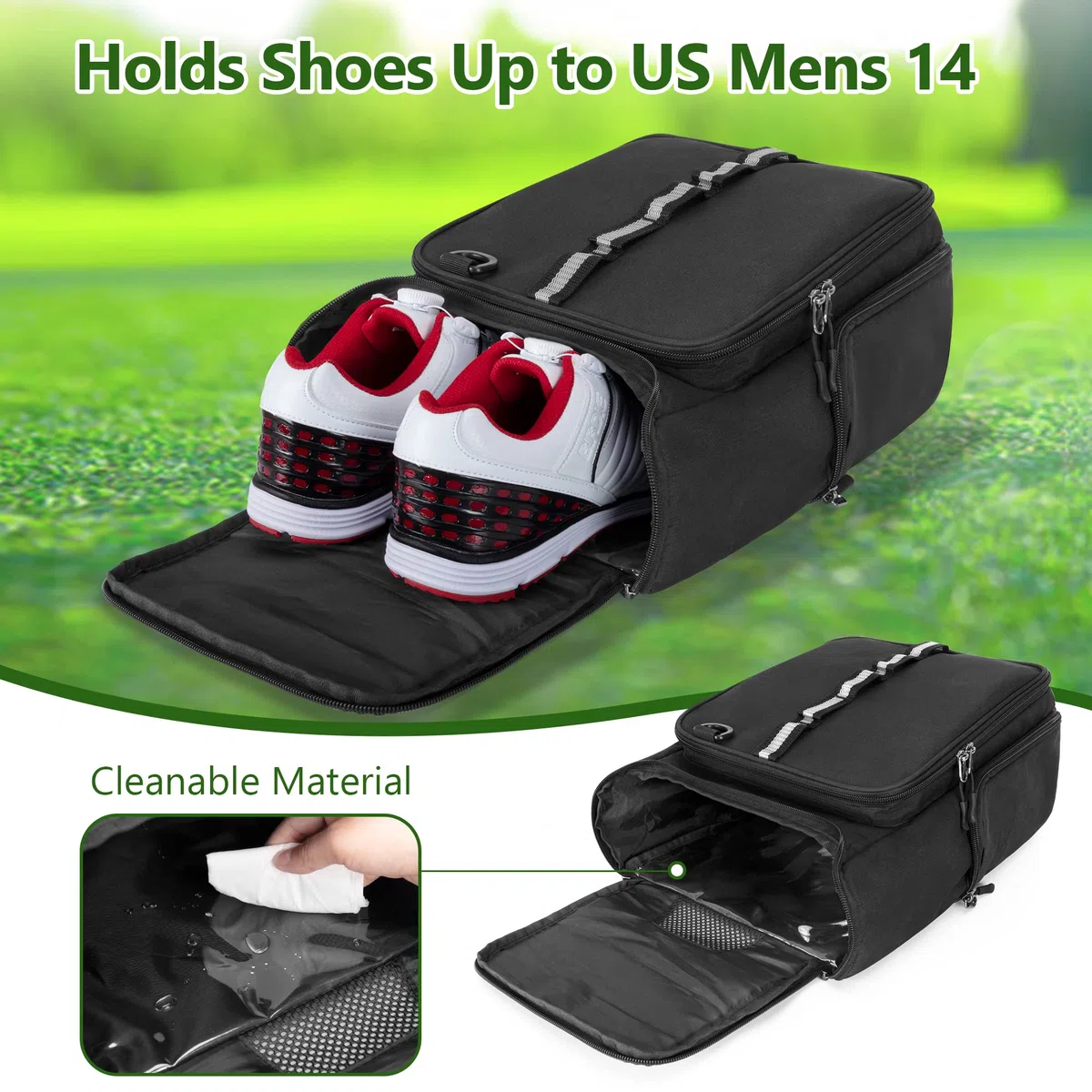 GOBUROS Bolsa para Zapatos de Golf con Capacidad para un par de Zapatos de Hombre US 14, con Soportes para Guantes, Bolsillos Delanteros y Laterales para Accesorios
