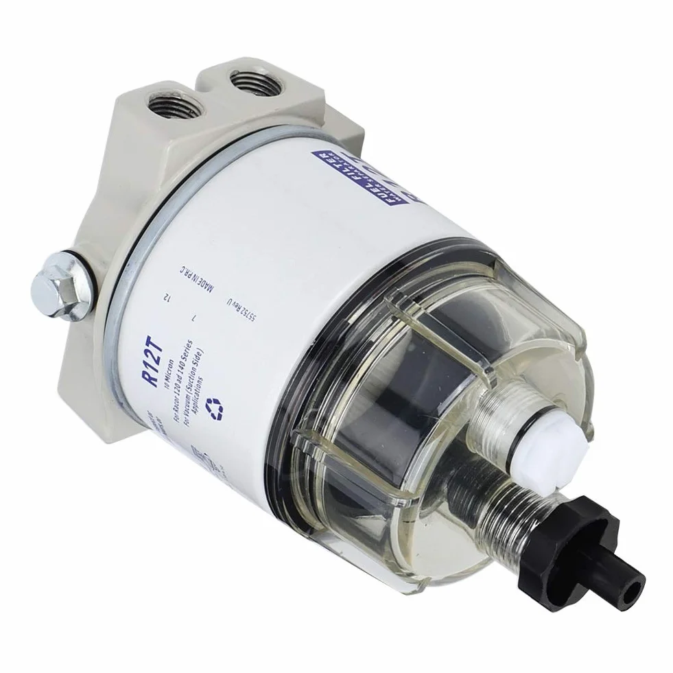 Filtro Combustible, Filtro R12T Separador de Agua Combustible Marino con Rotación y Drenaje Automático 10 Micrones 30 GPH para Motores de Lanchas Rápidas y Embarcaciones