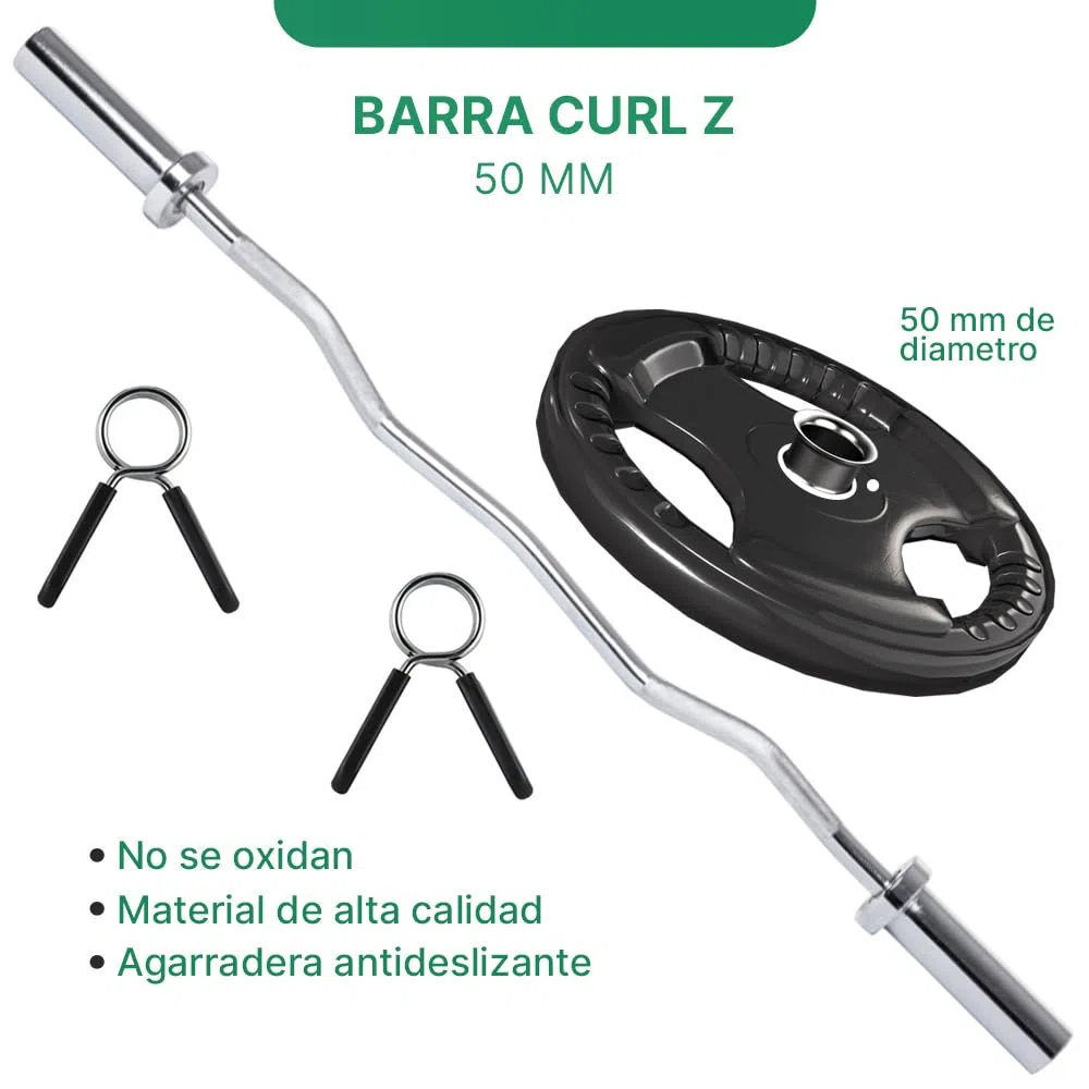 ManiBoom Barra Pesas Z Curly 120 cm de 8,5kg para Discos y Pesas de Ø50mm - Barra de MUSCULACION para Biceps y Triceps Halterofilia Crossfit - Barra Gimnasio con Cierres de Resorte (120 cm - Culry Z)