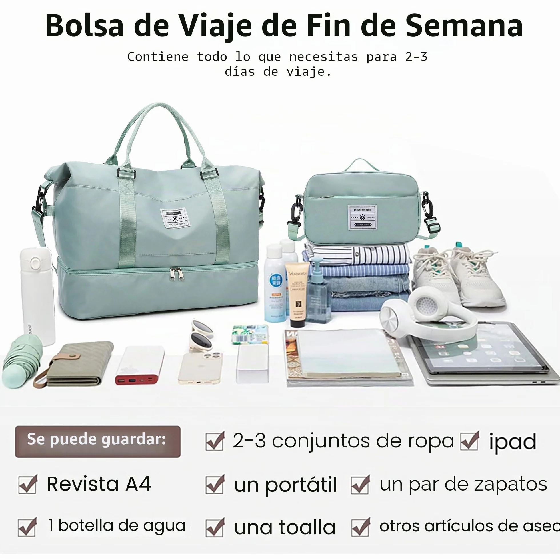 Bolsas de Viaje Bolsas de Deporte Bolsa de Gimnasio Impermeable Bolsa de Mano Equipaje Fin de Semana con Bolsa Húmeda y Zapatero para Hombre Mujer (Verde Claro)
