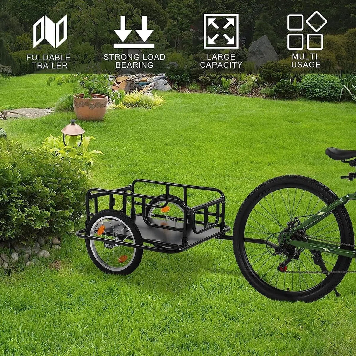 Remolque de carga para bicicleta, carro de bicicleta plegable con ruedas de 16 pulgadas y reflectores, carrito de almacenamiento para transportar equipaje y herramientas