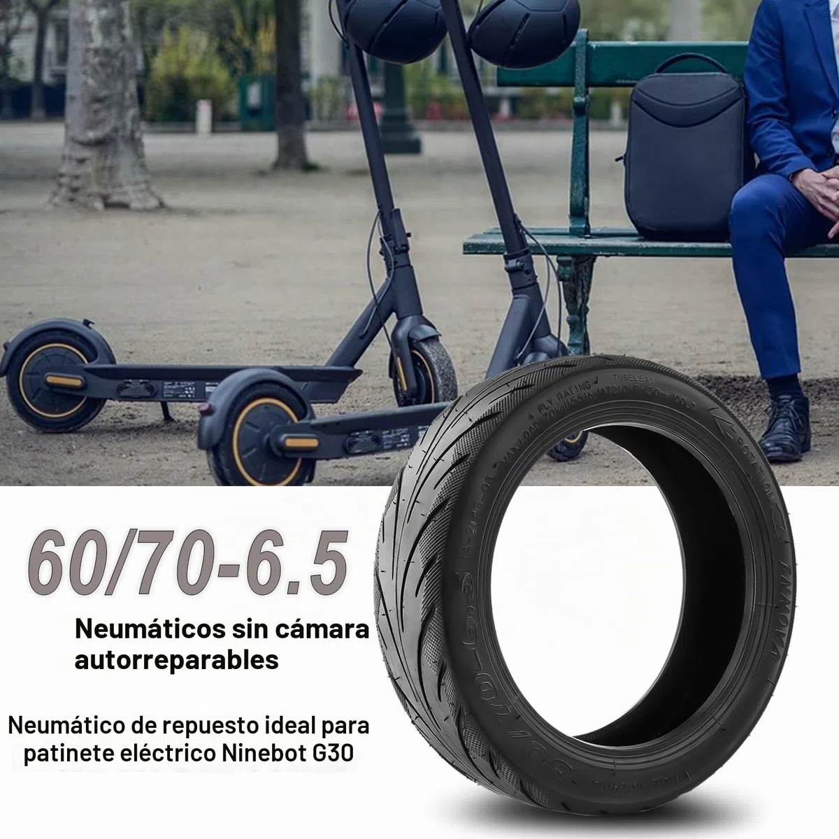 60/70-6.5 Ruedas de Caucho Autorreparables para Ninebot Max G30 Patinete Eléctrico, Neumático de Vacío con Válvula, 10 Pulgadas Tubeless Rueda con Resistente al Desgaste y Antiperforación