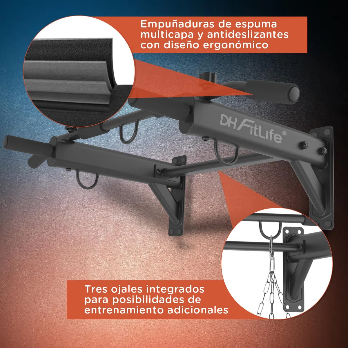 DH FitLife Barra de Dominadas Pared 4 en 1 con Tacos de Expansión | Pull-Up Bar Multifuncional para Casa | Hasta 200 kg | 6 Asas Antideslizantes | 3 Ojales para Saco de Boxeo y Cintas de Suspensión