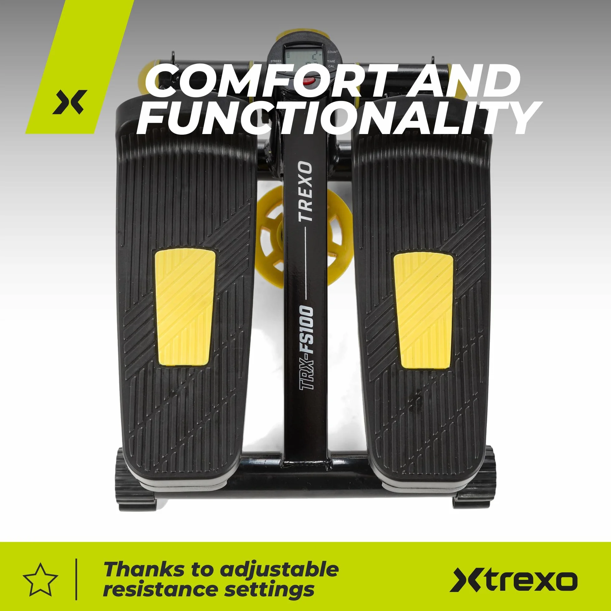 TREXO Stepper para Entrenamiento en casa Fitness Cardio Altura de los Pedales y Resistencia Ajustables Pantalla Fácil de Leer Cables Resistentes Capacidad de Carga hasta 100 kg Negro/Amarillo