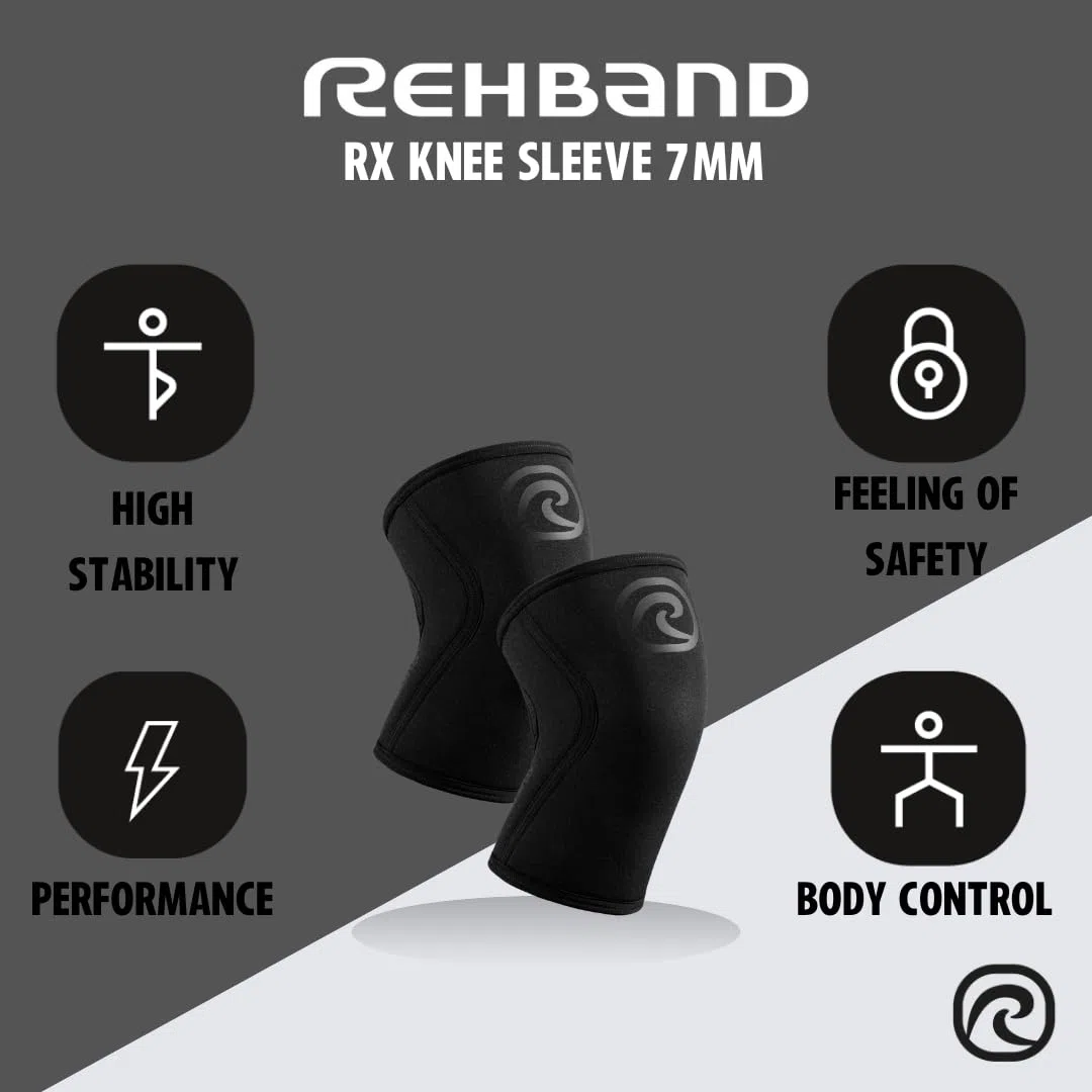 Rehband Rodillera para entrenamiento de fuerza & fitness - rodillera de neopreno de 7 mm, flexible & antideslizante, knee sleeve para hombres & mujeres, Color:Carbon/Negro - 1 Par, Talla:L