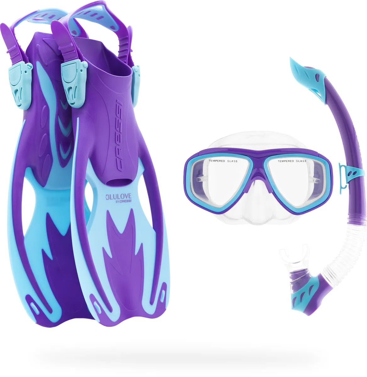 Cressi Kit de esnórquel Junior para niños de 3 a 8 años – Máscara + esnórquel seco + Aletas Ajustables + Bolsa de Red – Juego de Rocas para niños