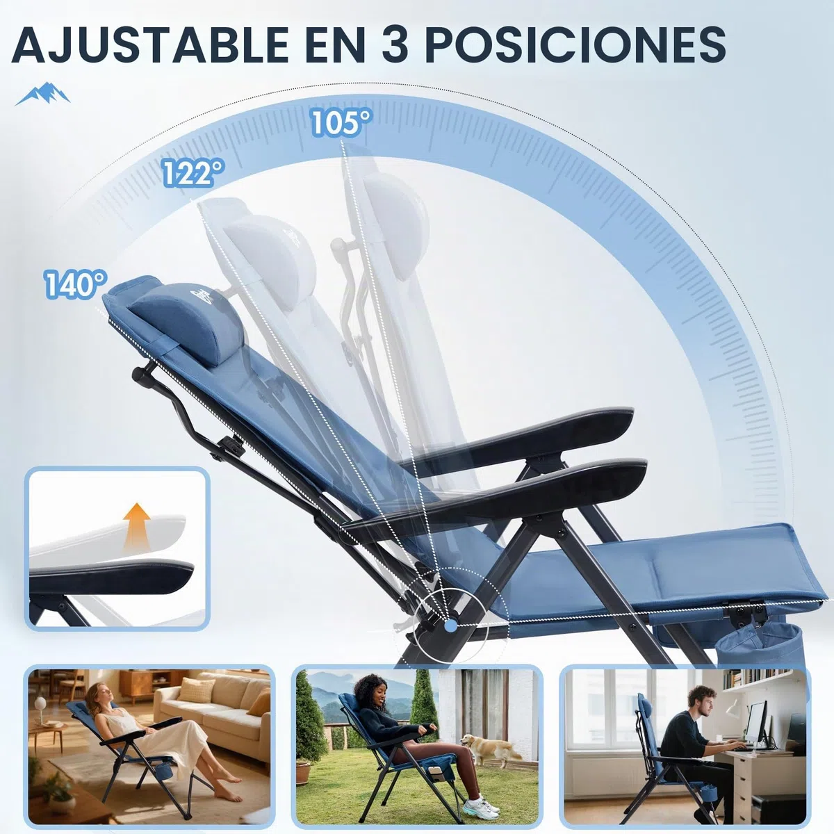Portal Silla de camping plegable con respaldo ajustable en 3 posiciones, 160 kg, respaldo alto, silla de camping, silla de pesca, silla de jardín, silla de aluminio para jardín, balcón, picnic