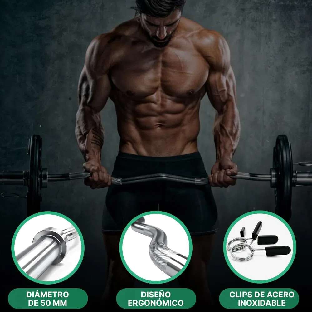 ManiBoom Barra Pesas Z Curly 120 cm de 8,5kg para Discos y Pesas de Ø50mm - Barra de MUSCULACION para Biceps y Triceps Halterofilia Crossfit - Barra Gimnasio con Cierres de Resorte (120 cm - Culry Z)