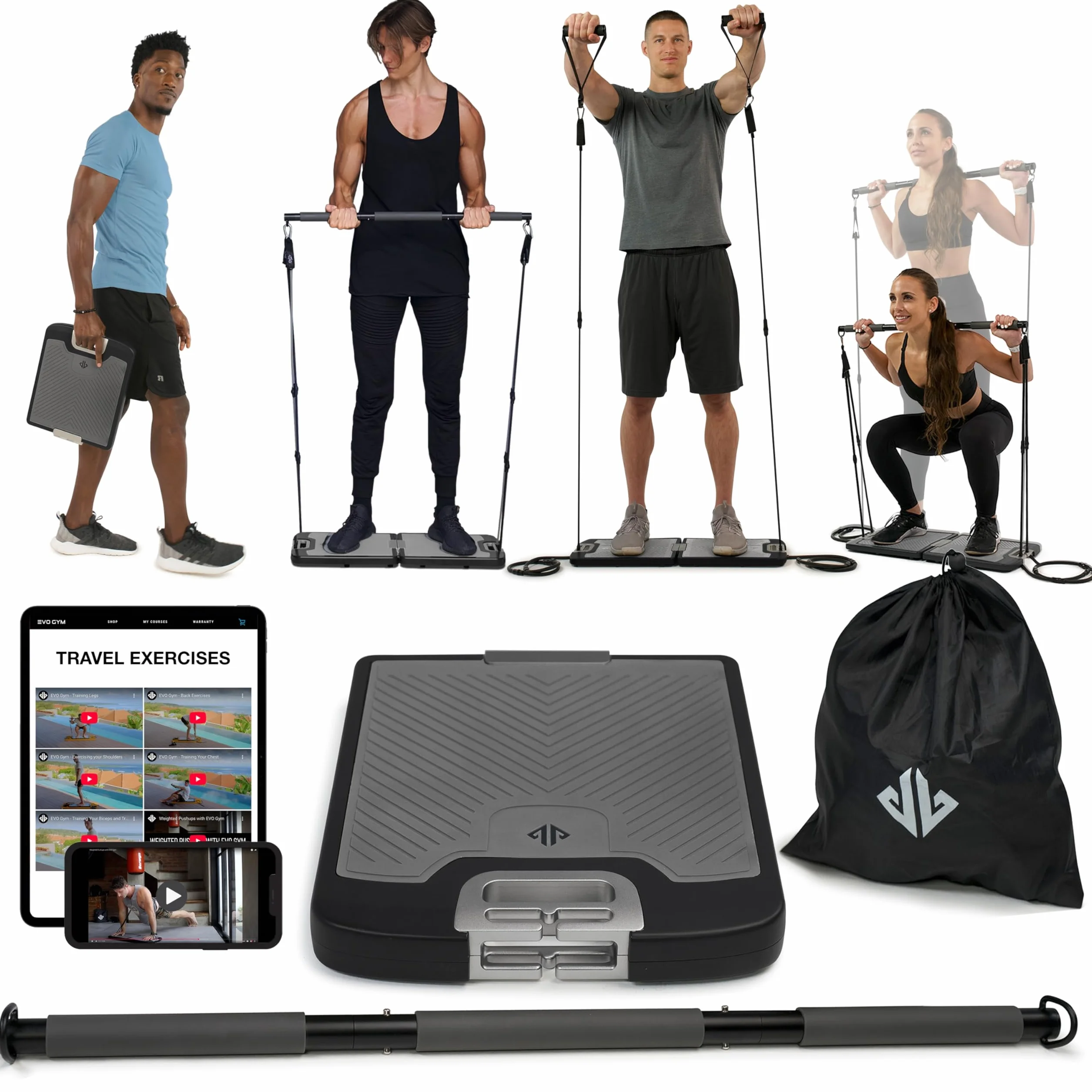 EVO Gym - Equipo portátil de entrenamiento de fuerza para gimnasio en casa, gimnasio en casa, todo en uno, bandas de resistencia, base sostiene barra de gimnasio y asas para viajes, equipo portátil de
