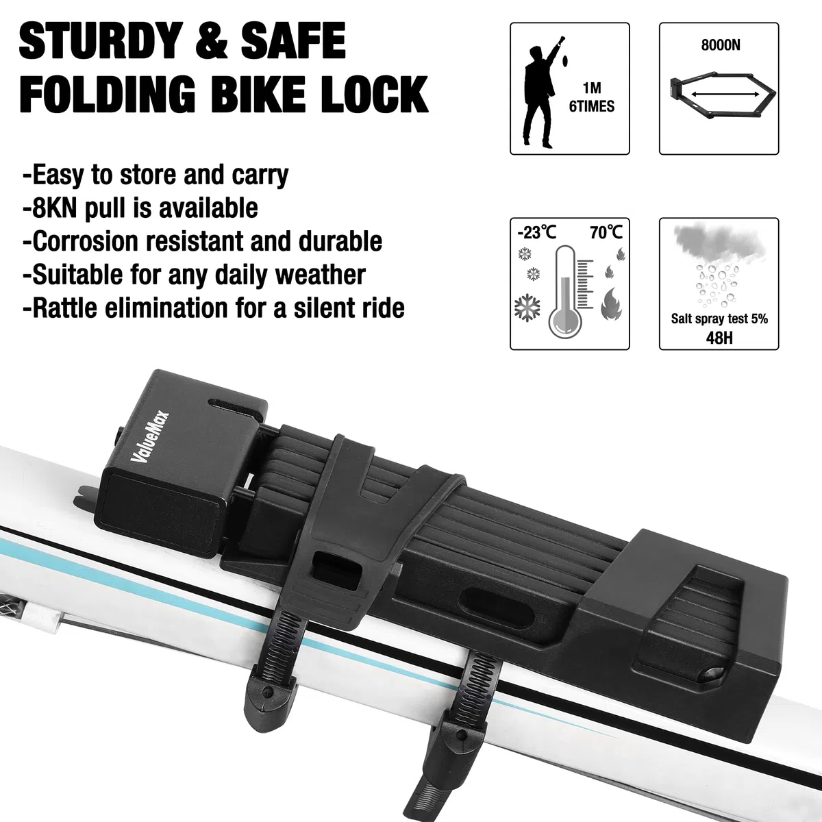 ValueMax Candado,Candado Plegable para Bicicleta, con Soporte, 1M Extendido, 22x7x2cm Plegado, Compacto Antirrobo Resistente Anti Corte y Práctico Negro