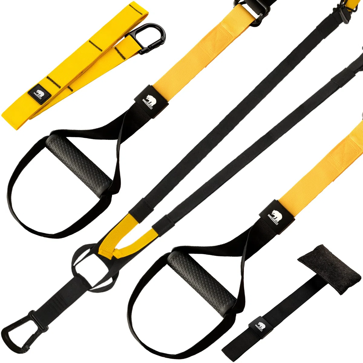 Entrenamiento en suspensión (incluye anclaje de pared y puerta), rueda abdominal y bandas elásticas de musculación. Gimnasio en casa con rodillo abdominal, cintas elásticas musculación y cuerdas