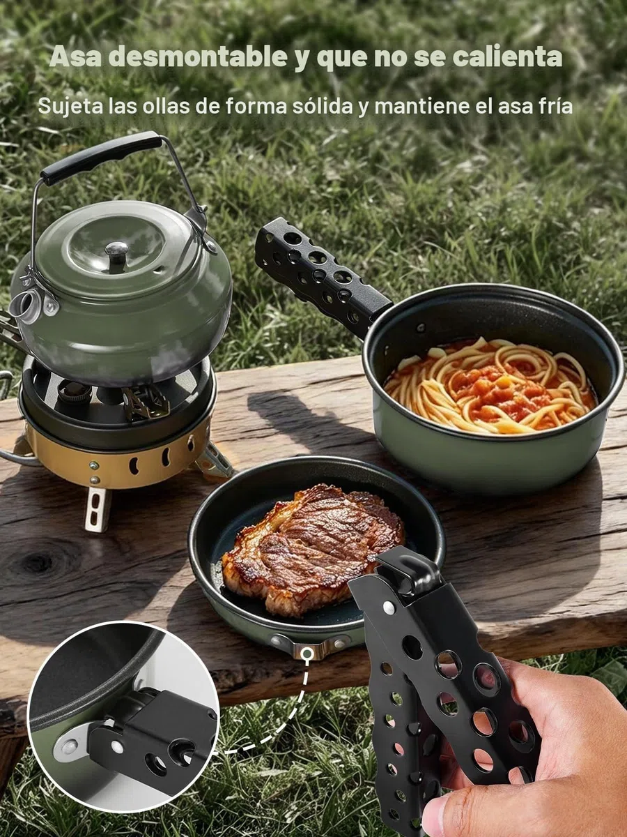 Odoland Juego de 5 Utensilios de Cocina para Camping, antiadherentes, Ligeros, con un Mango extraíble, mochileros, Camping, Senderismo y Picnic, Color Verde