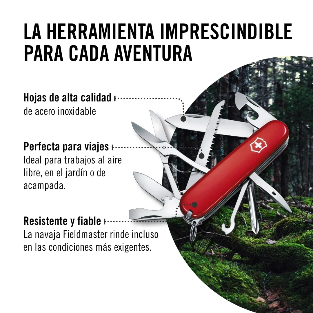 Victorinox Navaja suiza de bolsillo Fieldmaster, 15 funciones, Hecha en Suiza, multiherramienta con gancho multiusos, abrelatas, tijeras, rojo