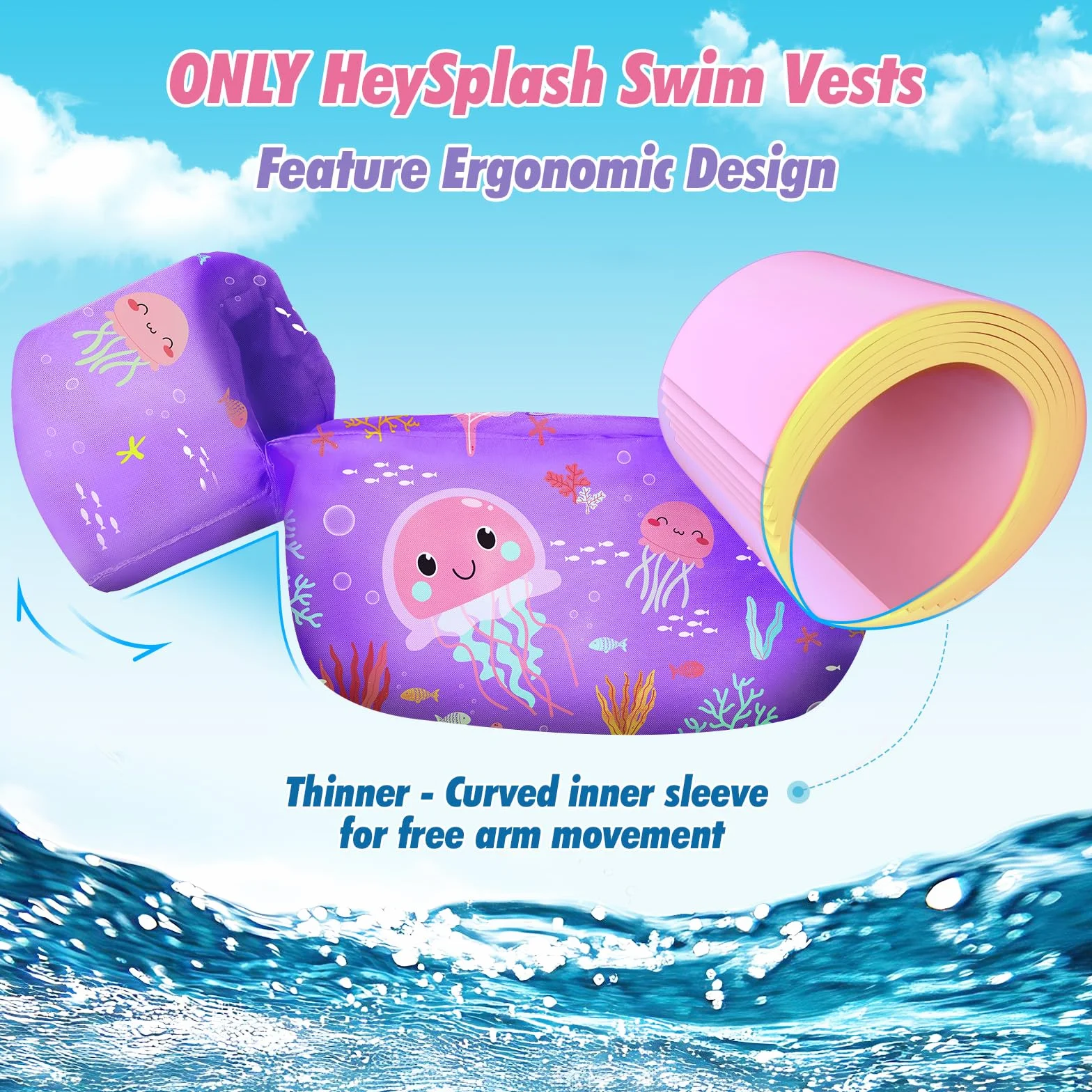 HeySplash Manguitos de Natación para Niños, Chaleco Flotante para Aprender a Nadar Piscina Flotadores con Brazaletes, Doble Hebilla de Segura Ajustable para Niños
