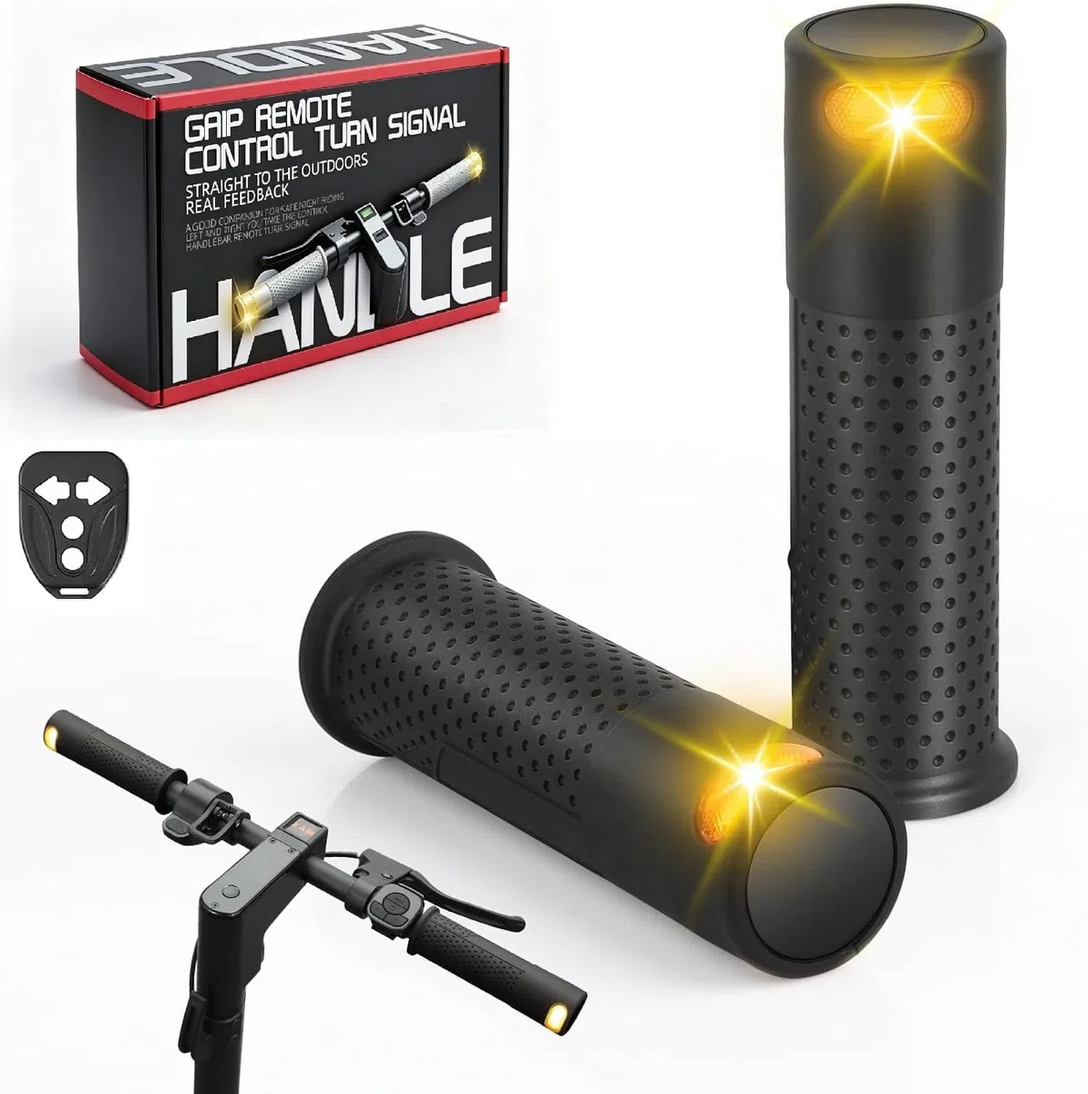 Señal de giro inalámbrica con control remoto para scooter, elegante y funcional, empuñaduras de manillar de scooter eléctrico con luces intermitentes integradas
