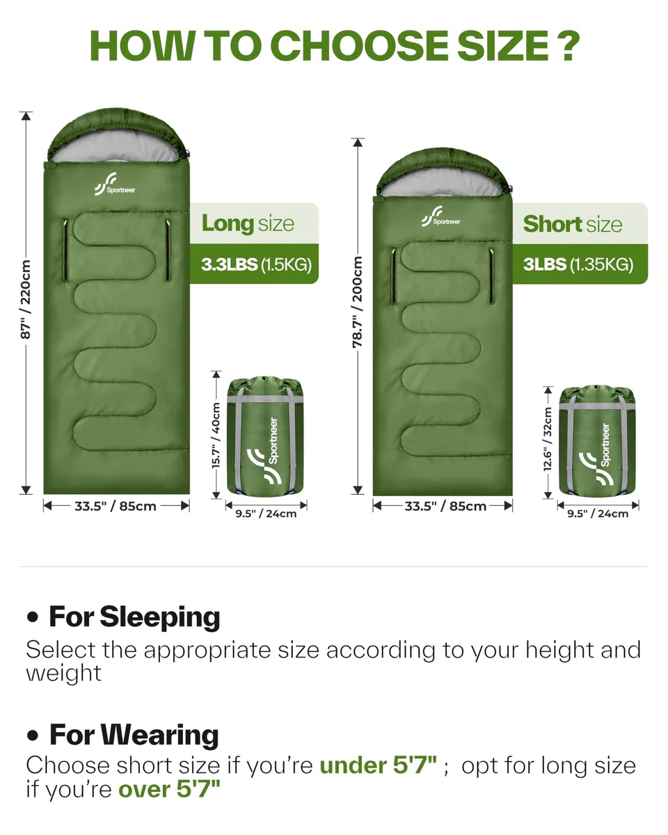 Sportneer Saco de Dormir portátil Adecuado para Las 4 Estaciones con Orificios con Cremallera para Brazos y pies Saco de Dormir Individual para Adultos para Senderismo y Viajes, 20 Grados