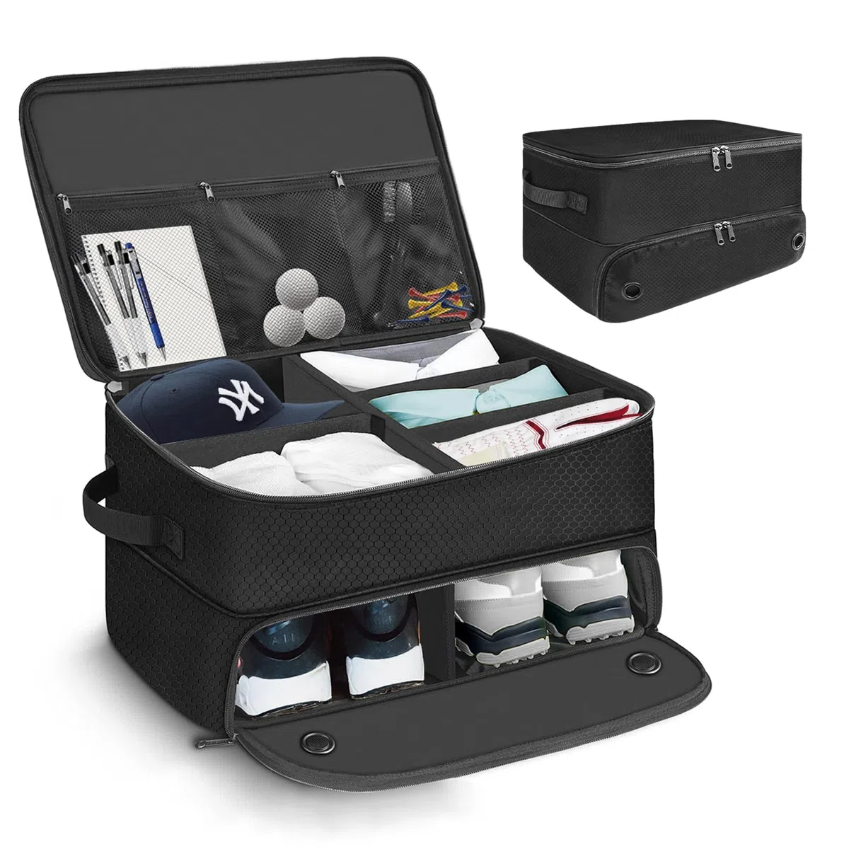 VOPHIA Organizador de Maletero de Golf de 2 Capas con Compartimento Separado para 2 Pares de Zapatos, Almacenamiento de Pelotas, Impermeable para Guardar Accesorios de Golf, Plegable y Plegable para