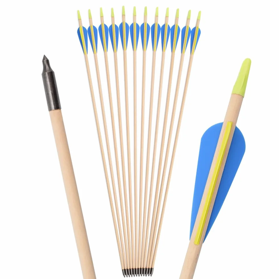 Juego de 12 flechas de madera, 28, 30 y 32 pulgadas, arco recurvo, arco deportivo